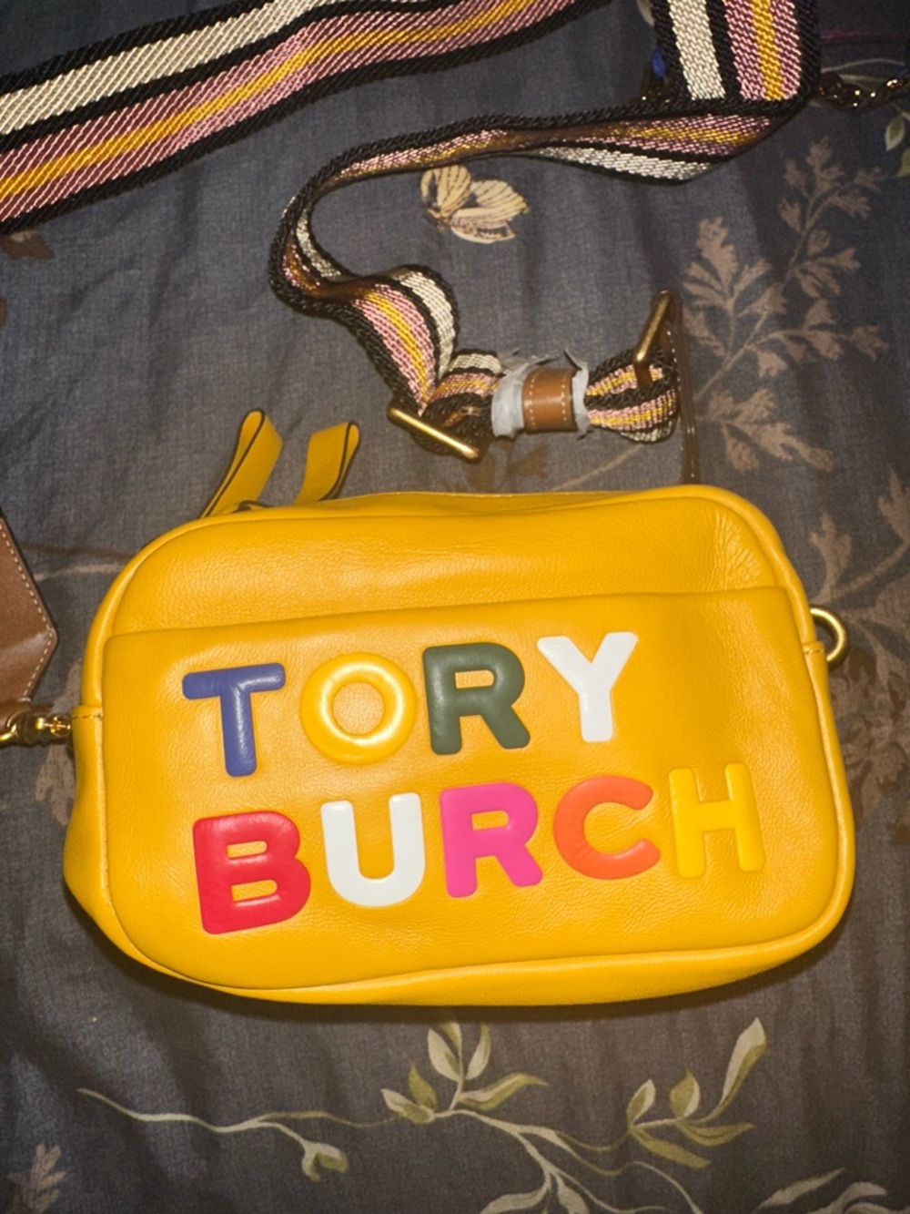 Tory Burch Yellow Leather Logo Crossbody with Multicolor Letters  a bit crushed
